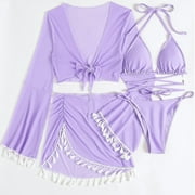 YUTK Bathing Suit Cover Up for Women - Four-Piece Suit Women Bandage Solid Sexy Bikini Push-Up Padded Swimwear Swimsuit Beachwear Set - Purple M